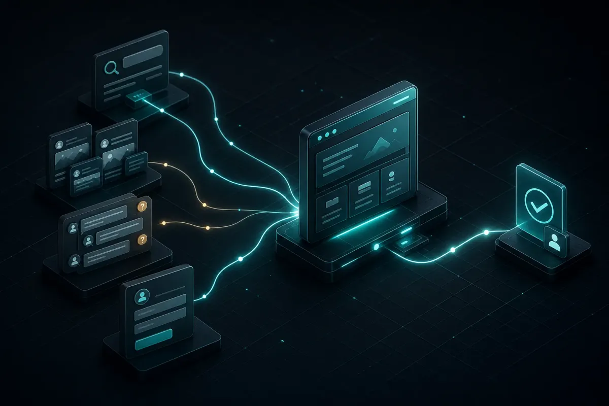 Dark isometric technical diagram showing search, social, and repeated customer questions converging into an owned business website and a clear decision path.