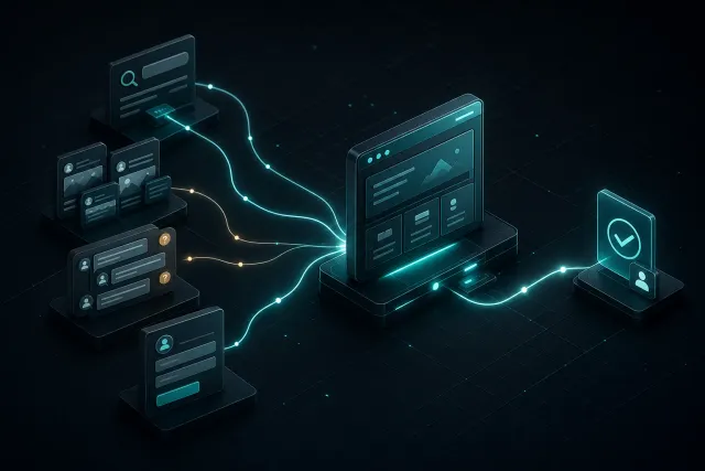 Dark isometric technical diagram showing search, social, and repeated customer questions converging into an owned business website and a clear decision path.