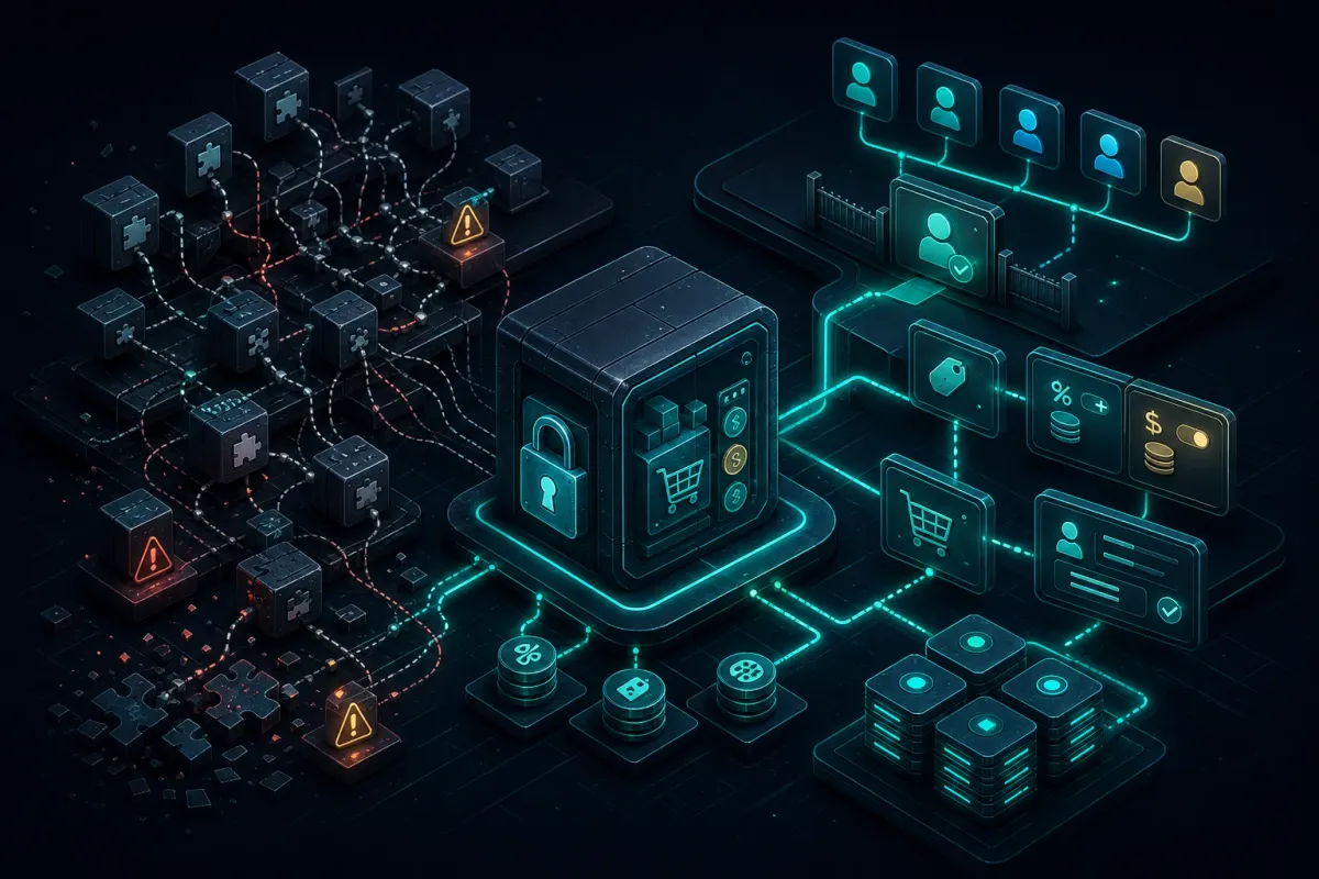 Dark isometric technical scene contrasting tangled B2B plugin modules with a cleaner custom role-aware commerce layer.