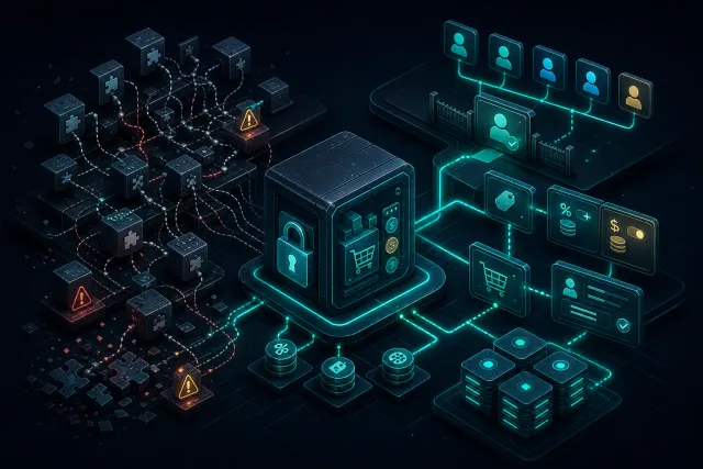 Dark isometric technical scene contrasting tangled B2B plugin modules with a cleaner custom role-aware commerce layer.