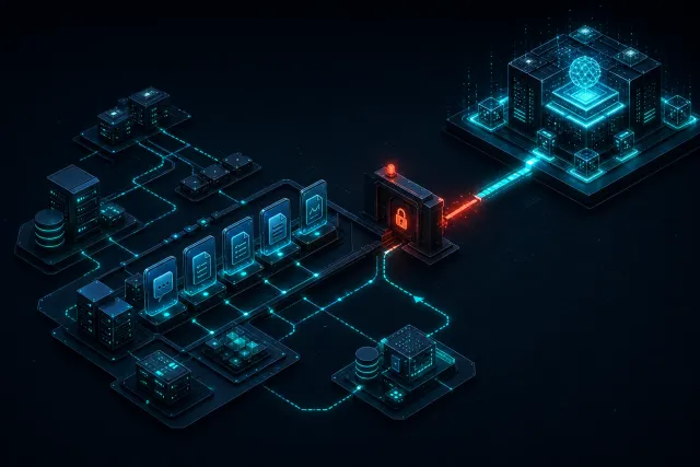 Dark isometric technical scene showing an application stack cut off from an external AI compute cluster while a secondary fallback route remains active.