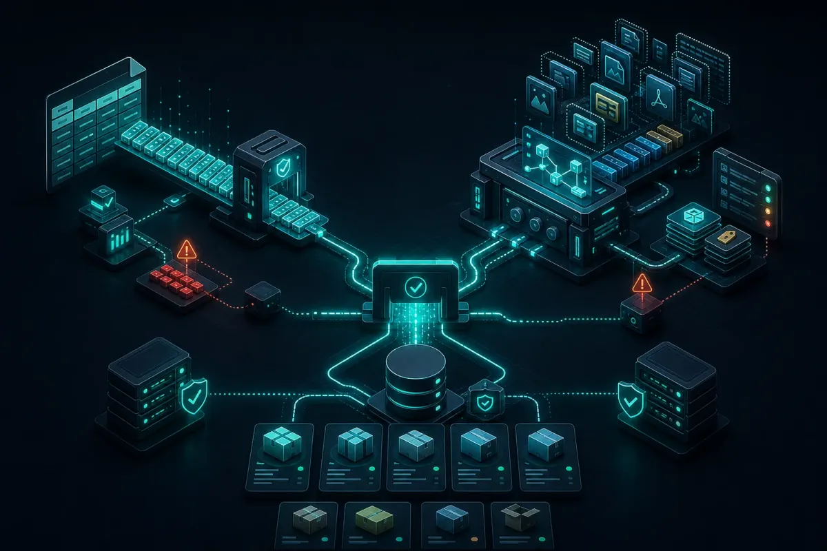Dark isometric technical scene showing native CSV and structured import pipelines converging into a validated WooCommerce product catalog.