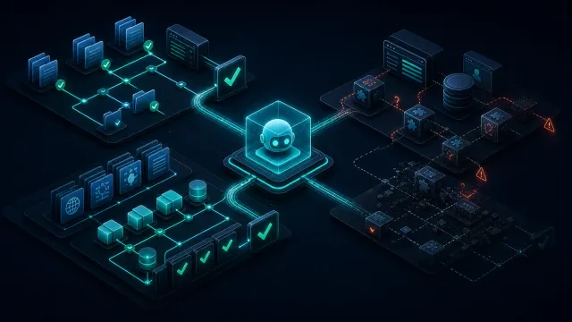 Dark isometric technical scene showing an AI agent connected to visible repository modules, deterministic verification gates, and a fragmented WordPress runtime.