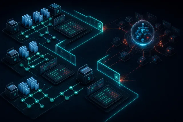 Dark isometric technical scene contrasting git-tracked project context, repo boundaries, and reviewable diffs with an opaque global memory-agent core.