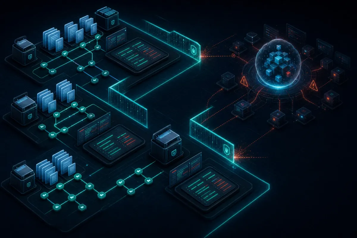 Dark isometric technical scene contrasting git-tracked project context, repo boundaries, and reviewable diffs with an opaque global memory-agent core.