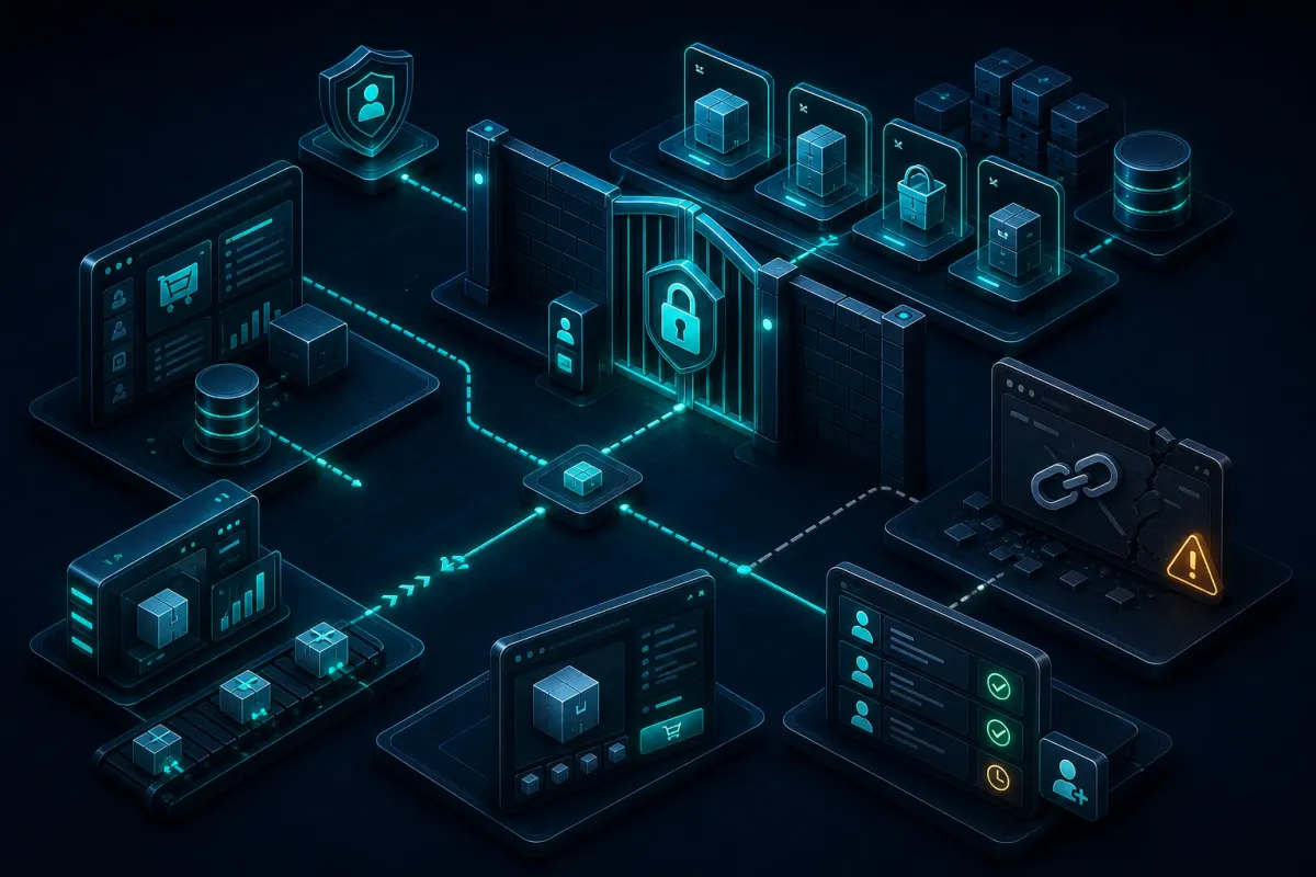 Dark isometric technical scene showing a locked private B2B commerce catalog connected to inventory, quick view, and account approval modules.