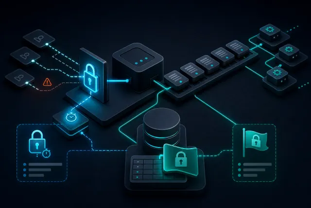 Dark isometric technical scene showing an atomic lock and persistent state protecting a WordPress background job queue.