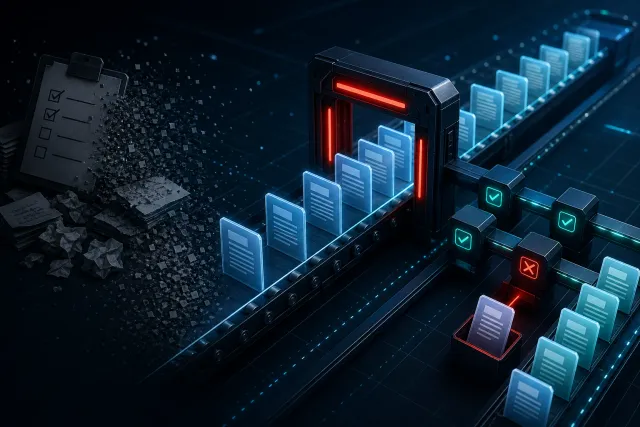 Automated content pipeline with glowing document cards passing through a blocking validation gate.