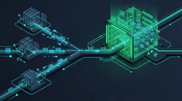 Isometric technical diagram of a shared git repository fed by three developers with local AI agents, gated by a green Vitest suite.