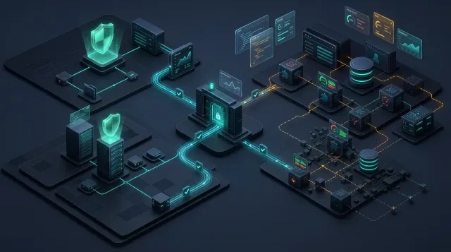 Dark isometric technical scene contrasting a lightweight zero-maintenance static architecture with an active operational SLA monitoring gate and transactional commerce engine.