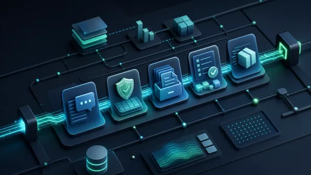 Connected workflow cards, validation modules, and delivery rails representing reusable skills as operational infrastructure.