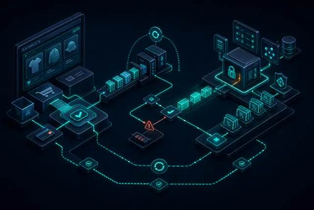Dark isometric technical scene showing a public checkout system connected to a separate coupon fulfilment store through async queues, retries, and reconciliation paths.
