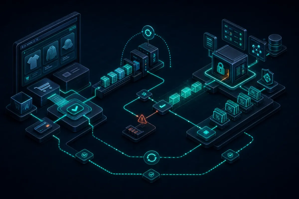 Dark isometric technical scene showing a public checkout system connected to a separate coupon fulfilment store through async queues, retries, and reconciliation paths.