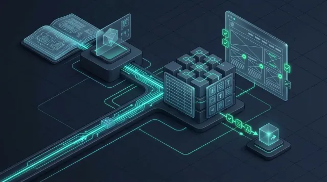 Technical diagram showing a Document-Driven Development specification feeding into an AI coding agent connected to a local WordPress runtime via Novamira MCP, with browser visual verification and WordPress Studio deployment.
