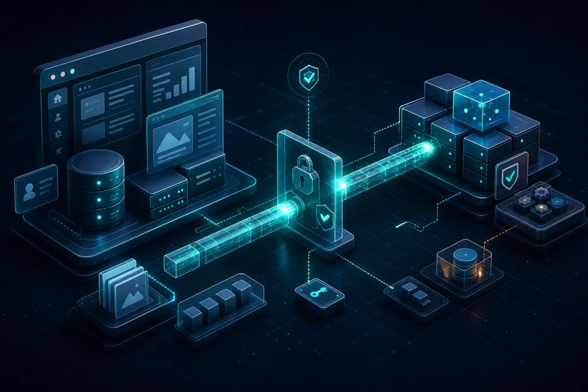 Dark isometric technical scene showing a controlled API bridge between WordPress and a Python sidecar across a secured trust boundary.