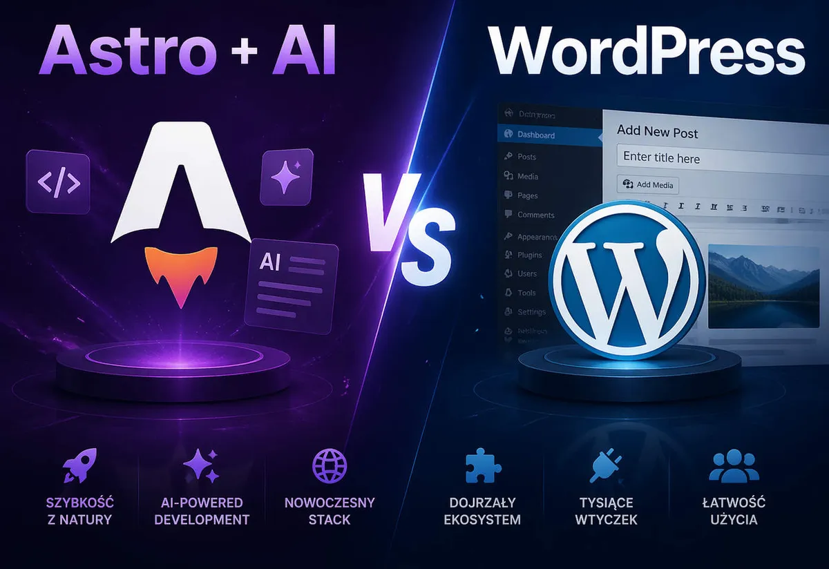 Graphic comparing Astro plus AI and WordPress - speed and modern stack versus mature ecosystem, plugins, and ease of use.