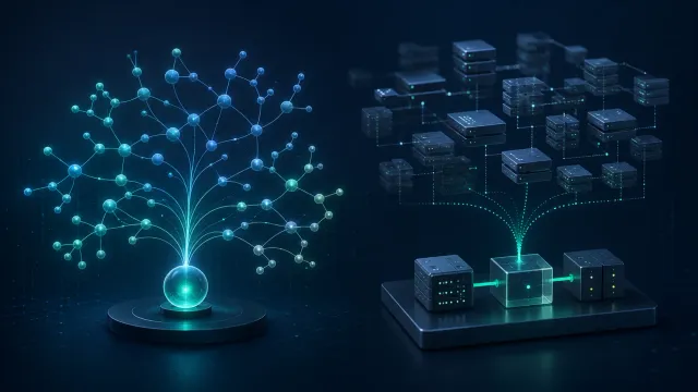 Glowing branching operator tree beside a reduced stack of core modules, representing symbolic regression and minimal-basis audits.